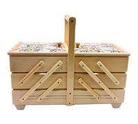 Dekohelden24 Boîte à couture de qualité supérieure en bois plaqué avec 7 compartiments et housse en tissu - Motif roses - Naturel - Dimensions (L x l x H) : 42 x 20 x 21 cm