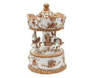 Dekohelden24 Boîte à Musique carrousel avec Son, en Poly Or Blanc et Or avec Pierres Oranges, Taille L x l x H 14 x 8 x 14 cm