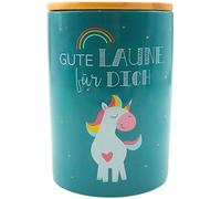 Dekohelden24 Boîte de rangement élégante en céramique - Pour café - Bonne humeur pour vous - Motif licorne - Dimensions : H x Ø 15,6 x 11 cm.