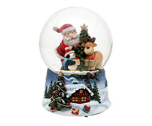 Dekohelden24 - Boule à neige - Père Noël avec renne et pingouin - Socle bleu avec paysage d'hiver de Noël et musique - Mélodie : Noël blanc - Dimensions boule (H x l x diamètre) : 14,5 x 10,5 x 10 cm.