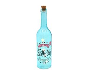 Dekohelden24 Bouteille décorative en Verre Happy Birthday avec 5 LED, 7 x 7 x 29 cm, Bouteille Lumineuse Bleue, 29 cm W-10025726