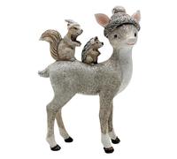 Dekohelden24 Décoration de cerf, Renne décoratif, cerf décoratif avec Bonnet, Figurine de Chevreuil, Figurine de Renne, cerf avec Bonnet et hérisson et écureuil Assis sur Lui en céramique Blanche