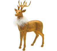 Dekohelden24 Décoration de cerf, Sculpture de cerf, cerf, cerf en céramique avec boa en Plumes Blanches dorées, Dimensions L/l/H : Environ 19 x 9 x 30 cm.