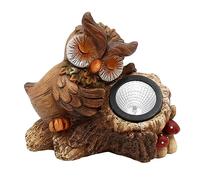 Dekohelden24 Hibou de Jardin en céramique Marron endormi sur Un Tronc d'arbre, avec Lampe Solaire et Robe en Plumes indiquée, L x l x H 16 x 8 x 15 cm.