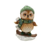 Dekohelden24 Hibou d'hiver, Figurine de Noël, Figurine de Chouette, Chouette décorative, Figurine d'hiver avec écharpe et Snowboard en céramique, en Vert et Marron, L x l x H 9 x 7 x 15 cm.