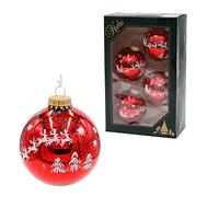 Dekohelden24 Lauschaer CBK00061 Lot de 4 Boules de Noël en Rouge Brillant, décorées à la Main avec Paillettes - Luge de Rennes avec Couronne dorée - Diamètre : env. 7 cm