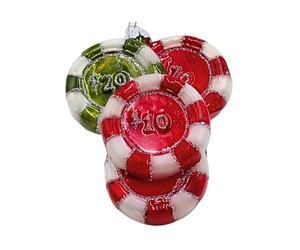 Dekohelden24 Lauschaer Décoration de Noël - Boule de Noël Lauscha - Boules de Sapin de Noël - Décoration en Verre de Style Casino - Jetons en Rouge et Vert avec Couronne argentée - L x l x H 8 x 3 x