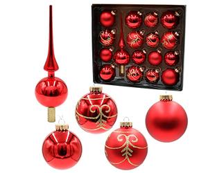 Dekohelden24 Lauschaer Lot de 16 Boules de Noël avec 1 Pointe de Sapin en Verre, décorées à la Main, Rouge Mat et Brillant, 6,7 et 8 cm, avec Couronne dorée.