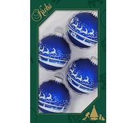 Dekohelden24 Lauschaer Lot de 4 boules de décoration pour sapin de Noël Bleu roi avec village d'hiver et Père Noël 7 cm avec couronnes argentées