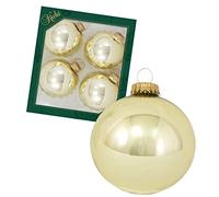 Dekohelden24 Lauschaer Lot de 4 boules de Noël dorées Lauscha Uni brillant satiné doré 8 cm avec couronne dorée + 50 crochets de suspension rapides