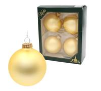 Dekohelden24 Lauschaer Lot de 4 boules de Noël dorées Lauscha Uni mat satiné doré, 8 cm, avec couronne dorée + 50 crochets de suspension rapides.