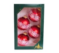 Dekohelden24 Lauschaer Lot de 4 Boules de Noël Lauscha, en Verre, Design Cristal de Neige Rouge, en Lauscha 7 cm, avec Couronne dorée.