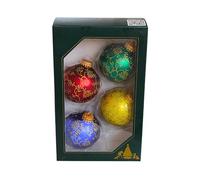 Dekohelden24 Lauschaer Lot de 4 Boules de Noël Lauscha en Verre, élégantes avec décor pailleté, en 4 Couleurs, en Lauscha 7 cm, avec Couronne dorée