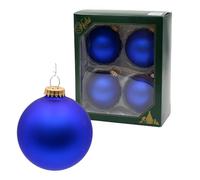 Dekohelden24 Lauschaer Lot de 4 Boules de Noël Lauscha Unies satinées Bleu Roi, 8 cm, avec Couronne dorée + 50 Crochets de Suspension Rapides en Or.