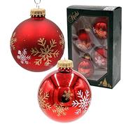 Dekohelden24 Lauschaer Lot de 4 Boules en Verre Rouges Mates et Brillantes, décorées à la Main avec Flocons de Neige, couronnes dorées, diamètre env. 7 cm, Rouge/Blanc