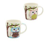 Dekohelden24 Lot de 2 tasses à café en porcelaine - Motif hiboux multicolores Bleu/rose - Dimensions (H x Ø: 9,5 x 8,5 cm, capacité 350 ml, passe au lave-vaisselle