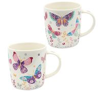 Dekohelden24 Lot de 2 tasses à café en porcelaine, motif : papillons multicolores, dimensions : 9 x 8 cm, capacité : 270 ml, passe au lave-vaisselle, rose multicolore
