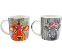 Dekohelden24 Lot de 2 tasses à café en porcelaine - Motif vache avec bijou de tête - Dimensions H/Ø : 12 x 9 cm, capacité 300 ml