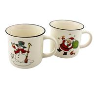 Dekohelden24 Lot de 2 tasses de Noël en porcelaine, blanches, avec bonhomme de neige et Père Noël, dimensions (L x l x H) : 13,5 x 10 x 9 cm. Capacité : environ 355 ml