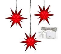 Dekohelden24 Lot de 3 poinsettias en plastique rouge, avec éclairage LED et minuterie de 6 h, pour fonctionnement sur piles, convient pour l'intérieur et l'extérieur.