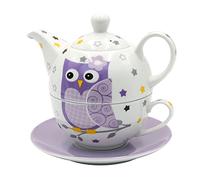 Dekohelden24 Lot de 3 théières en Porcelaine, Motif de Chouette, Blanc/Violet, 16 x 14 x 10 cm, capacité de la théière 400-200 ML