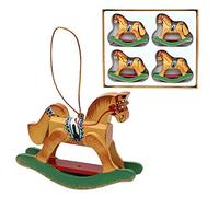 Dekohelden24 Lot de 4 Magnifiques décorations pour Arbre en Bois - Motif Cheval à Bascule - Environ 7 cm