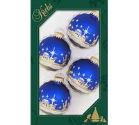 Dekohelden24 Ornements pour arbre de Noël Lauschaer - Lot de 4 boules en bleu roi satiné avec décor de Bethléem, 7 cm, avec petite couronne dorée