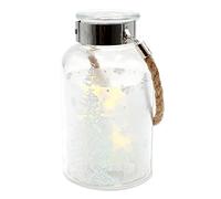 Dekohelden24 Photophore à Suspendre avec Guirlande Lumineuse à 5 LED intégrées, Transparent avec Motif forêt d'hiver argentée, Dimensions H x Ø : Environ 15 x 10 cm, argenté, 15 cm