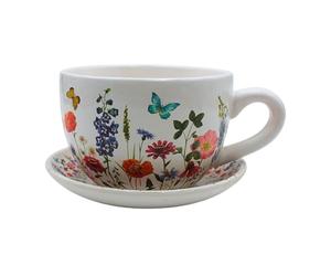 Dekohelden24 Pot de Fleurs avec poignée en céramique, Motif Prairie Florale, L x H 20 x 15 x 12 cm