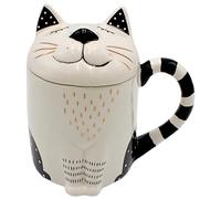Dekohelden24 Tasse à café en forme de chat avec couvercle en céramique Noir/blanc et doré Dimensions (H x Ø env. 14 x 9 cm) Capacité env. 400 ml