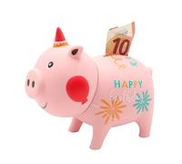 Dekohelden24 Tirelire Cochon Happy Birthday - Matériau : Vinyle/Rose/Rose - Dimensions : 16 x 9 x 13 cm