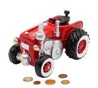 Dekohelden24 Tirelire en Poly en Forme de Tracteur - Tirelire Rouge avec Fermeture en Caoutchouc - Dimensions (L x l x h) : env. 16 x 11 x 11 cm