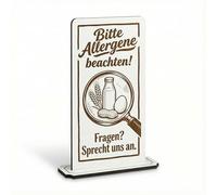 DEKOLANDO Panneau à poser « Bitte Allergene beachten! Fragen? Sprecht uns an » - Présentoir de table 10 x 20 cm avec socle, 5 mm HDF blanc/marron, gravure laser, comptoir, buffet, restaurant, café