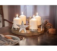 Dekoleidenschaft Couronne de l'Avent Étoiles argentées en bois de manguier et aluminium, Couronne de table avec 4 porte-bougies, décoration de table pour salon et table à manger