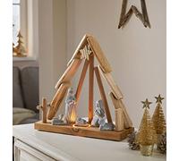 Dekoleidenschaft Crèche de Noël avec éclairage LED, étable en bois de hêtre, figurines en béton, décoration de Noël, crèche en bois