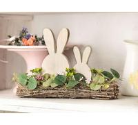 Dekoleidenschaft Décoration de Pâques rustique en brindilles avec 2 têtes de lapin en bois et feuilles et fleurs artificielles, décoration de table en branches, décoration de printemps avec lapins de