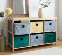 Dekoleidenschaft Étagère « multicolore » en bambou avec 8 boîtes en textile aspect velours, étagère de rangement, étagère en bambou avec boîtes de rangement, étagère sur pied, commode