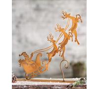 Dekoleidenschaft Figurine de Père Noël avec traîneau en métal avec véritable rouille, décoration de Noël, Père Noël et rennes, décoration de jardin pour l'extérieur