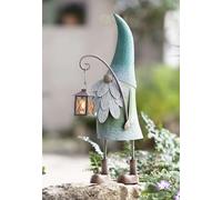 Dekoleidenschaft Figurine décorative lutin « lanterne » en métal vert et marron, 51 cm de haut, photophore pour 1 bougie chauffe-plat, lutin décoratif pour salon et balcon