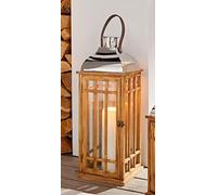Lanterne "Wood" en bois & verre, 60 cm de haut, lanterne en bois avec anse & toit métallique, étanche au vent, lanterne de sol, lanterne à bougie