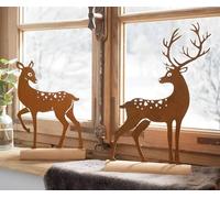 Dekoleidenschaft Lot de 2 figurines décoratives de chevreuil et de cerf en métal avec rouille véritable, sur socle en bois, décoration de Noël, décoration rouillée