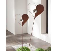 Dekoleidenschaft Lot de 2 piquets de jardin en forme de cœur avec boule en métal aspect rouille, 100 et 123 cm de haut, décoration de jardin pour l'extérieur