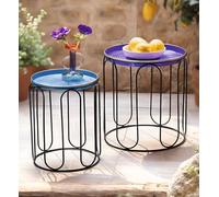 Dekoleidenschaft Lot de 2 tables d'appoint Blue en métal noir avec plateau bleu 40 + 46 cm de haut, table avec plateau de service