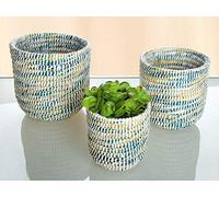 Dekoleidenschaft Lot de 3 paniers de rangement en jonc de mer, tressés à la main, bleu, jaune, blanc, panier à plantes, panier à ustensiles, panier tressé, cache-pots de fleurs, panier de salle de