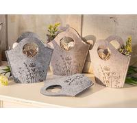 Dekoleidenschaft Lot de 4 sacs en feutre « Blumenwiese » beige et gris, feutre en PET recyclé, sac cadeau, panier de Pâques, sac en feutre