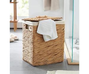 Dekoleidenschaft Panier à linge en jacinthe d'eau avec couvercle, 34 x 26 x 45 cm, panier à linge avec insert textile en coton crème, panier à linge, panier de rangement