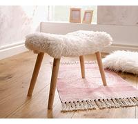 Dekoleidenschaft Tabouret douillet en fourrure synthétique blanc crème, pieds en bois, naturel, tabouret rembourré, repose-pieds, chaise de coiffeuse, tabouret décoratif