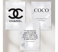 Dekomundo COCO CHANEL Lot de 3 posters modernes à encadrer pour salon, chambre à coucher, magasin et boutique, 3 x A4 (21 x 29,7 cm), clairs