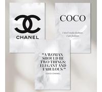Dekomundo COCO CHANEL Lot de 3 posters modernes à encadrer pour salon, chambre à coucher, magasin et boutique, 3 x 30 x 40 cm, clairs