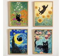 Dekomundo Lot de 4 posters Les chats artificiels - Chat noir dans des peintures célèbres - Nuit étoilée Van Gogh, Nénuphars Monet, décoration de style Klimt pour les amoureux des chats - 30 x 40 cm